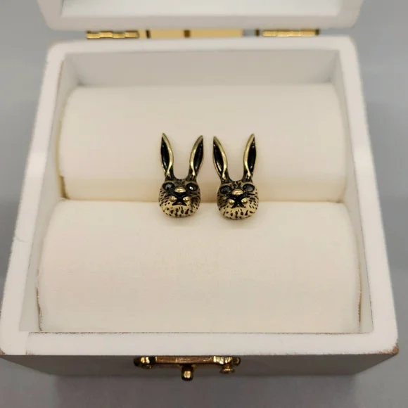 Vintage Estate Bunny Rabbit Crystal Stud Gold Earrings - Picture 10 of 16